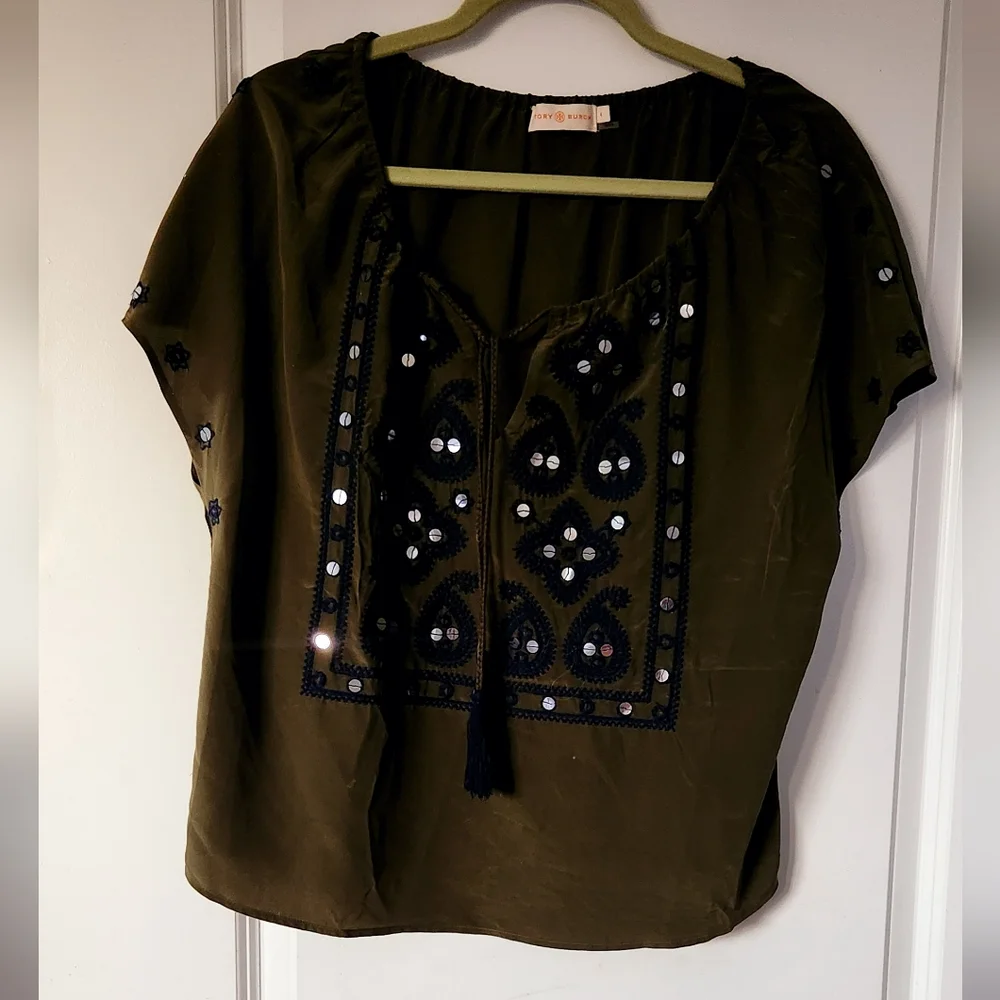 Tory‎ Burch Olive Green Embroidered Silk Blouse